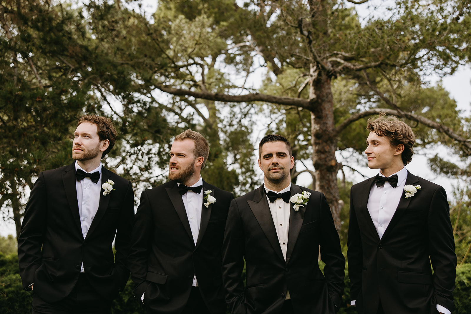 Four men in tuxedos with boutonnières stand outdoors, looking in different directions. Trees are visible in the background.