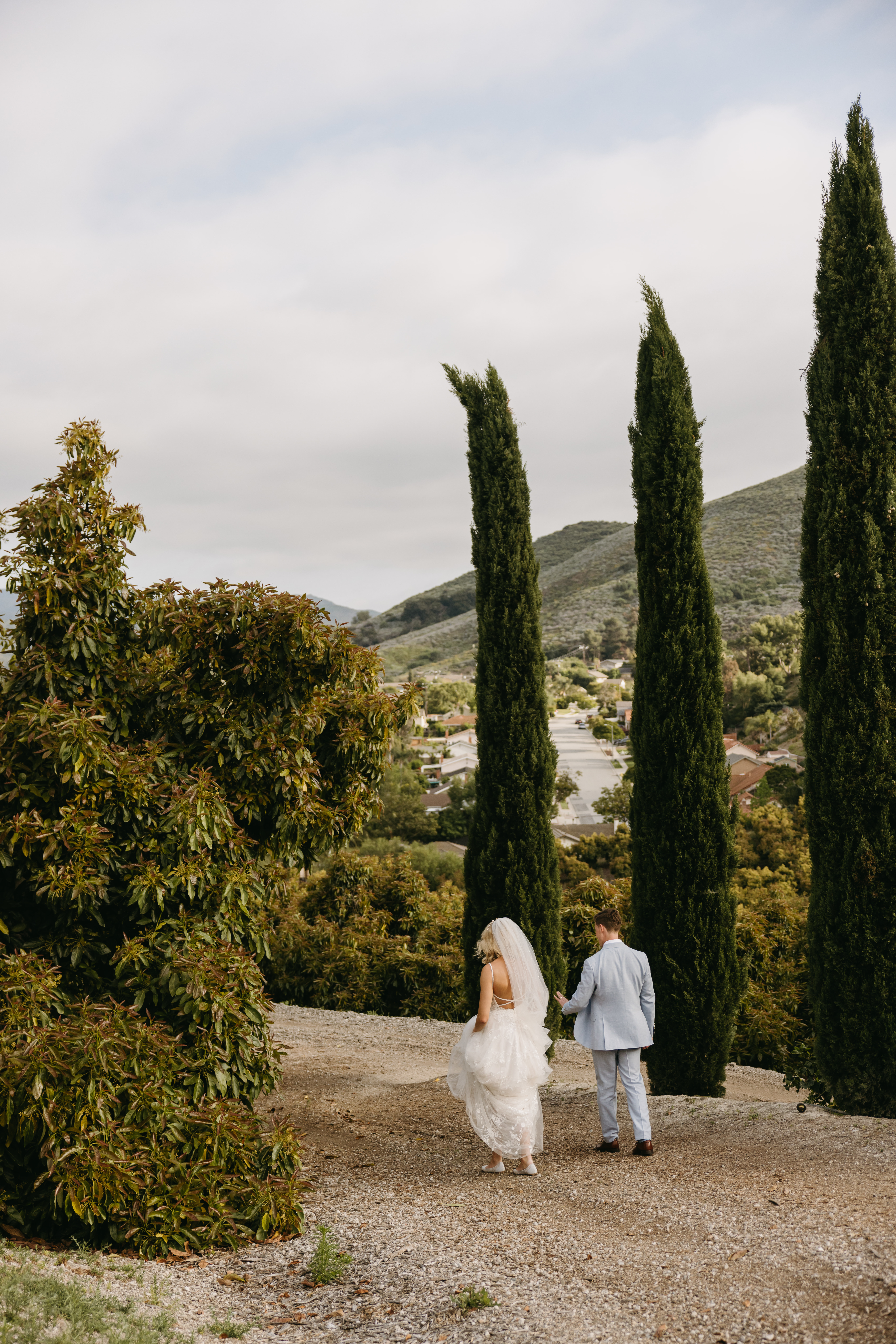 A bride and groom walk hand in hand on a gravel path, surrounded by tall trees and green hills in the background.