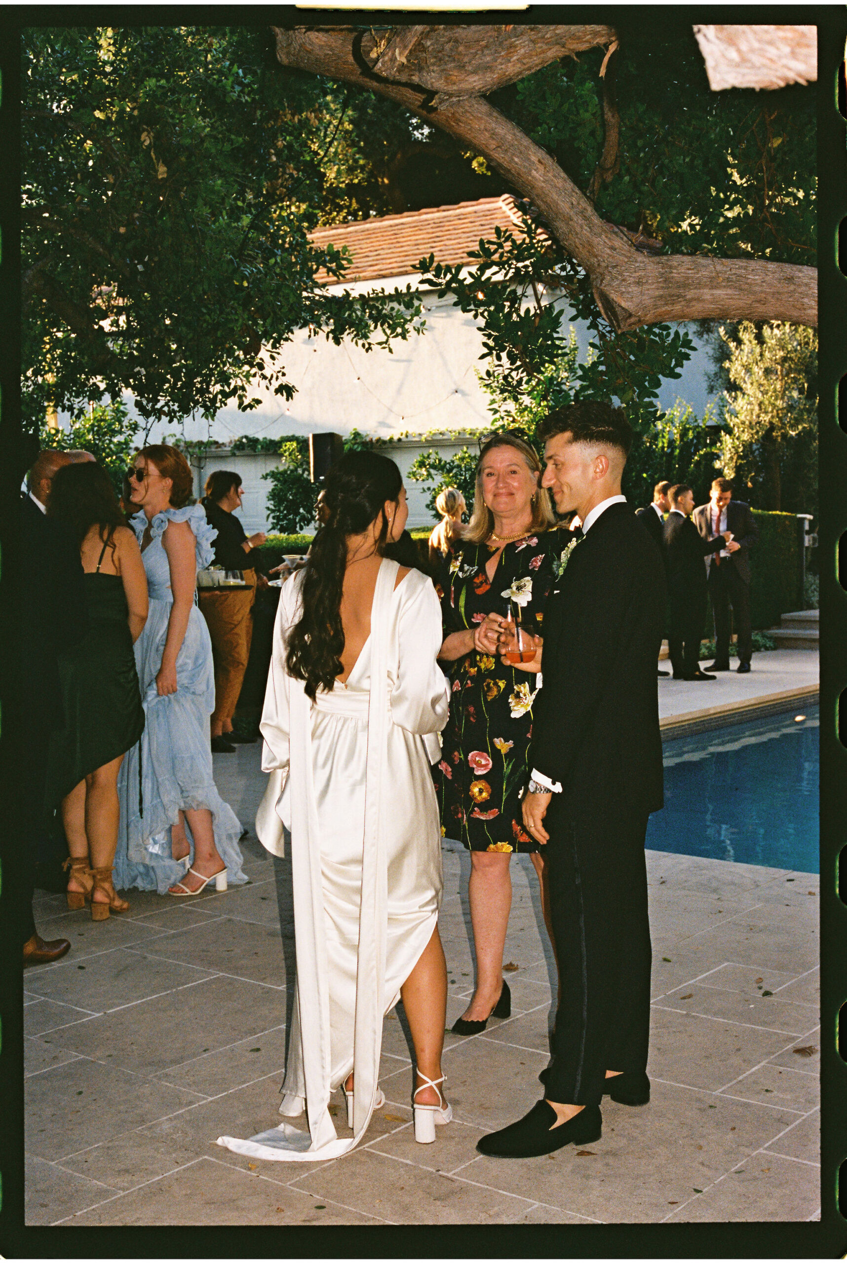 People in formal attire socializing by a pool under a tree at a wedding