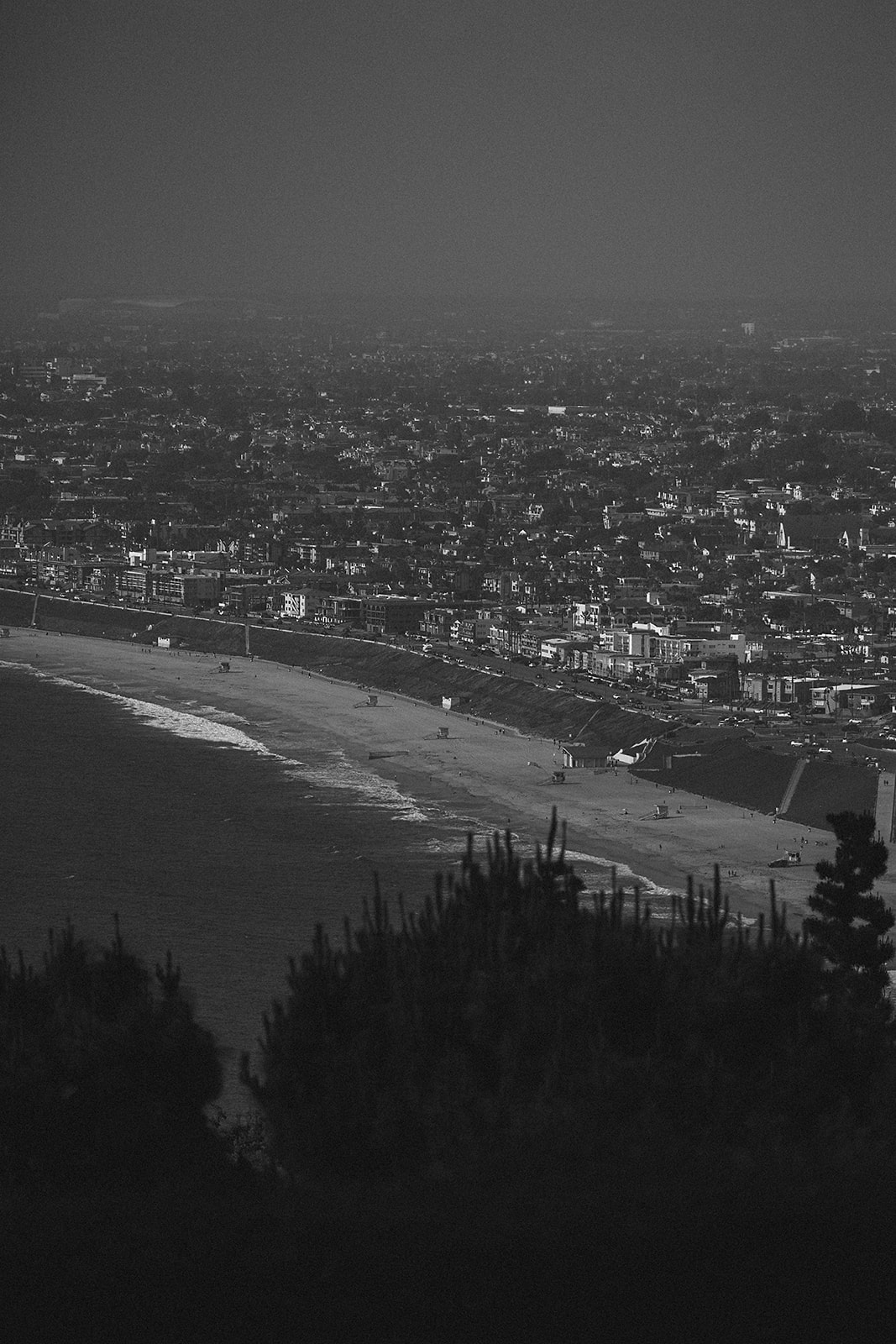 Black and white aerial view of a coastal city with a long beach, ocean waves, and urban buildings stretching into the distance. Trees are visible in the foreground.